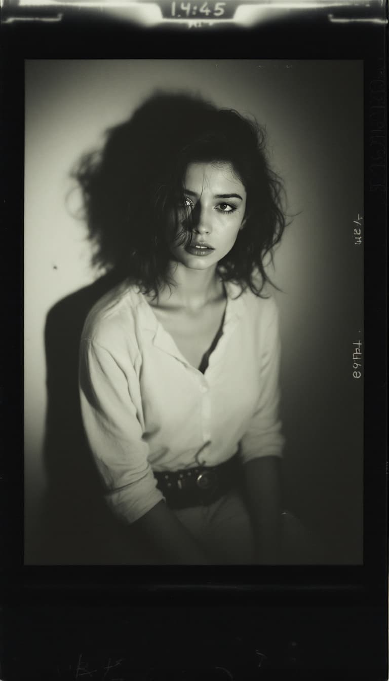 AI generated: woman, old polaroid photo, sad mood, b&w