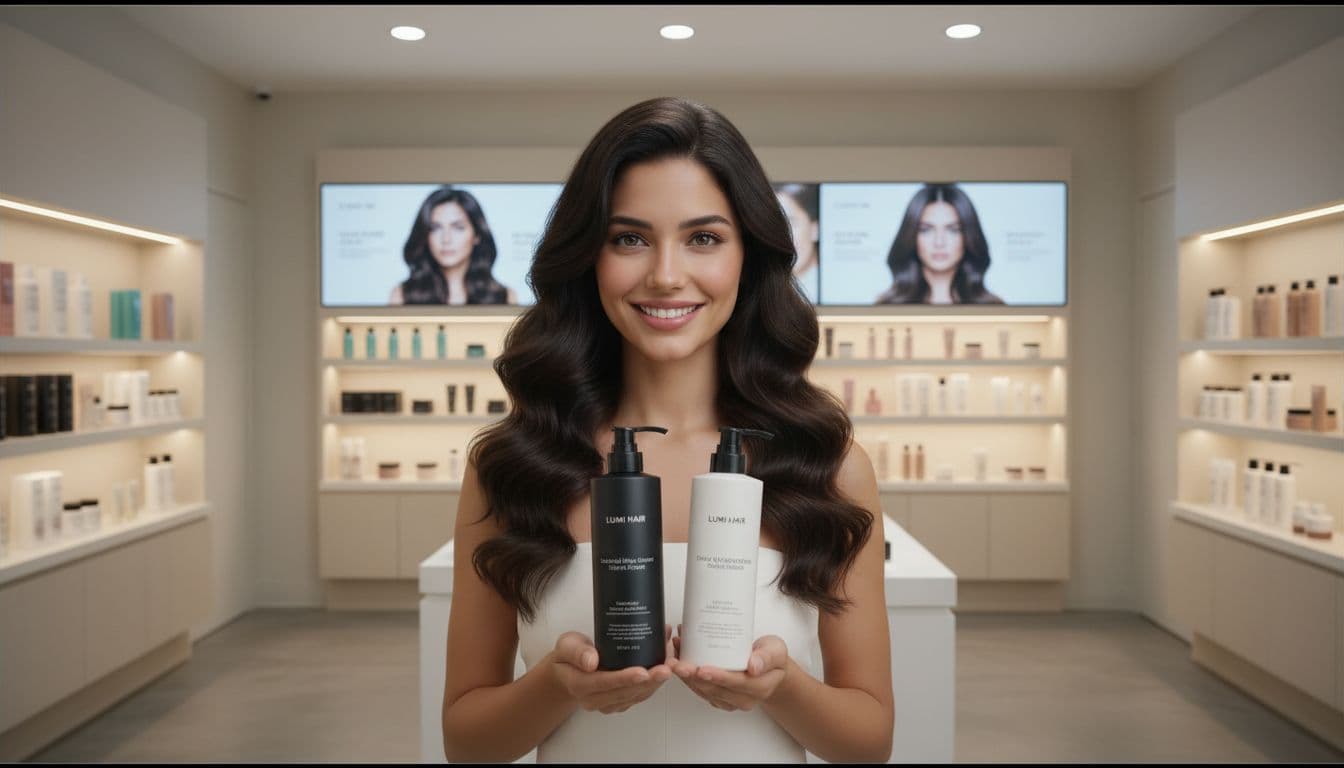 AI generated: using the face of the input image create an image of a woman of promoting beauty hair products in a ...