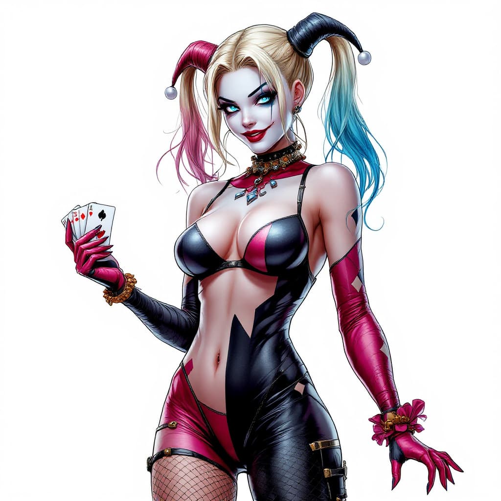 AI generated: 
Harley Quinn full body long shot,  with crystal blue eyes, pretty face,  sexy pose in  her  origin...