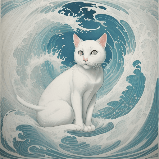 AI generated: white cat 
 in the waves art print, in the style of kōji morimoto, neo-traditional japanese, john bl...