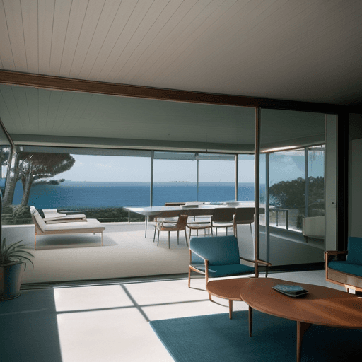 AI generated: Hyper realistic eye level exterior photo of a mid century modern style house overlooking the ocean, ...