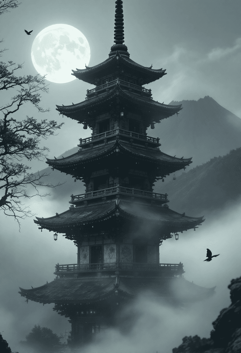 AI generated: An ancient, 5-story pagoda with weathered tiers (hyper-detailed textures: peeling vermilion lacquer,...