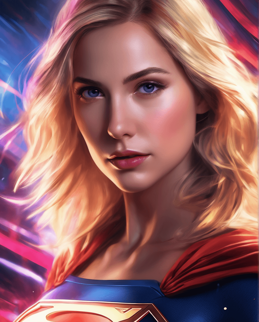 AI generated: portrait of a young woman as SuperGirl with blonde hair and intense gaze, looking directly at the vi...