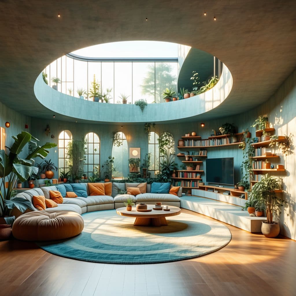 AI generated: High resolution photography interior design, dreamy sunken living room conversation pit, wooden floo...
