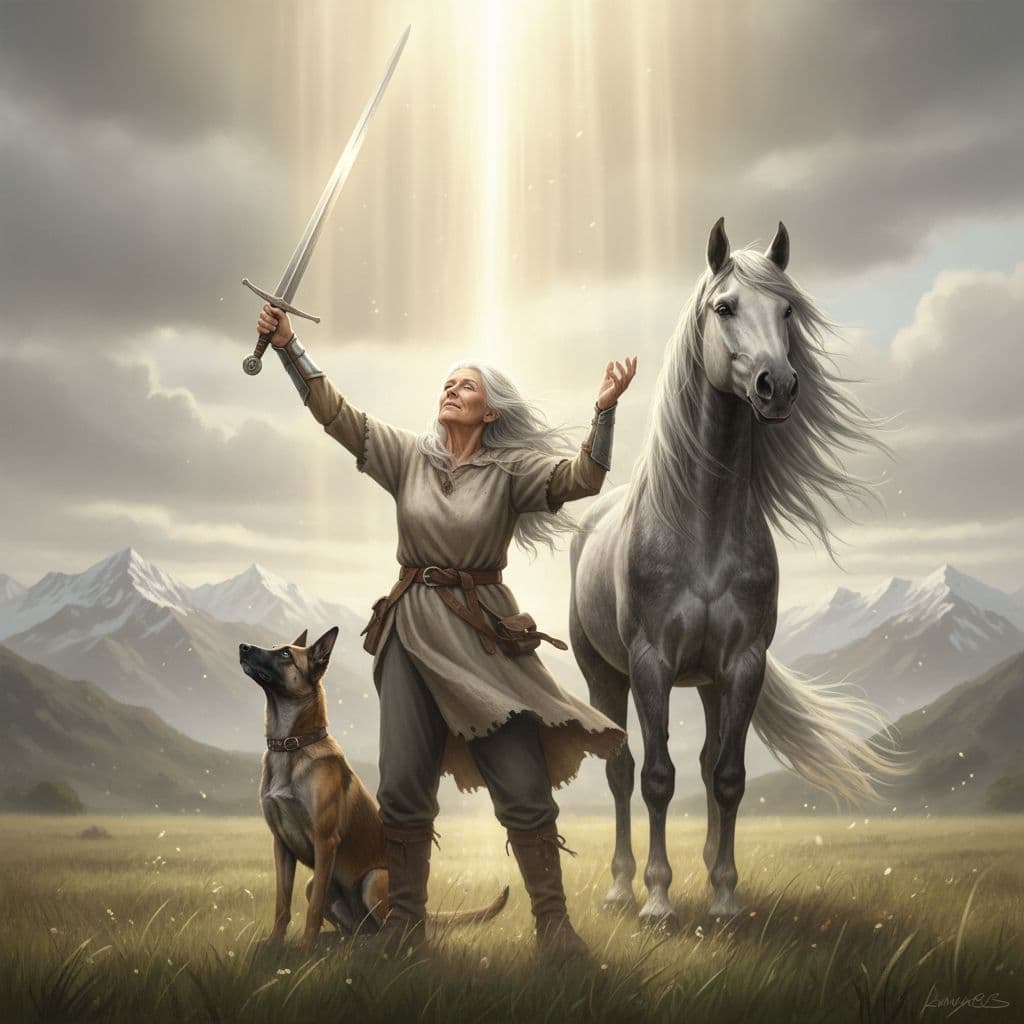 AI generated: old woman, standing, wearing belted tunic, one sword raised, other arm raised, looking up, eyes clos...