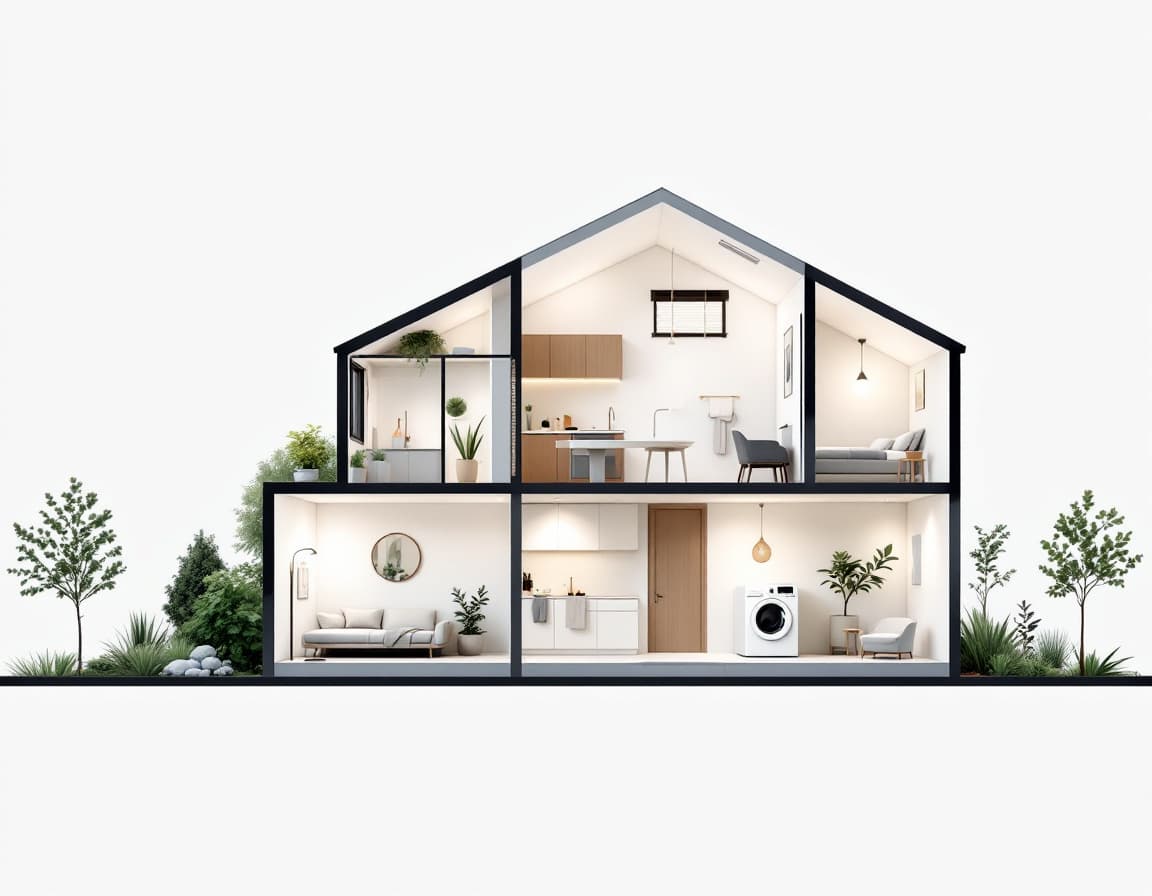 AI generated: A minimalist cross-section of a house, shown in a front-facing view. The house must include the foll...