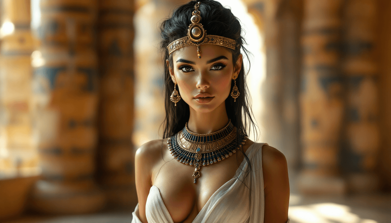 AI generated: A photo of a 20 year old a egypt queen looking like ema stone, super exposing pharoah clothes, young...