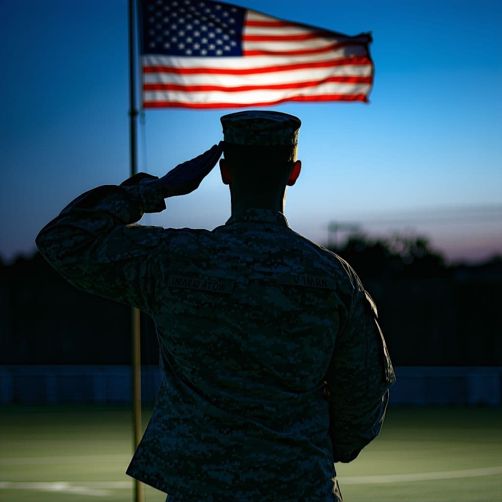 AI generated: United States Soldier saluting single flag, dark lights, cinematic, hyper realistic, detalied, 4k, -...