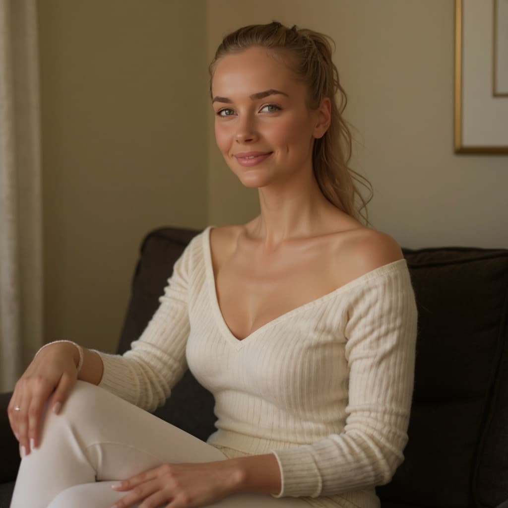 AI generated: fantasy art, woman , young, messy ponytail dark blonde hair, grey  eyes, sitting on sofa, small brea...