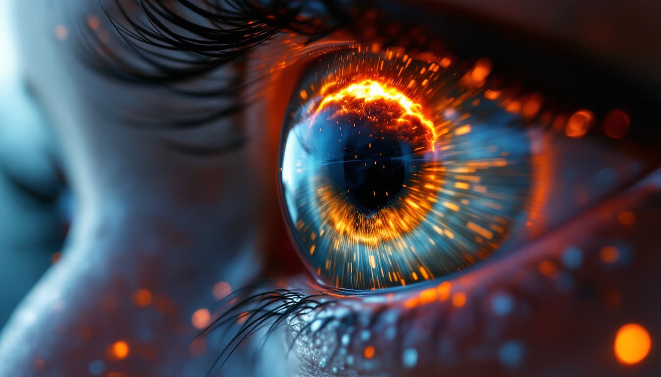 AI generated: Extreme close-up of robotic eye pupil reflecting nuclear mushroom cloud and binary rain, cinematic l...