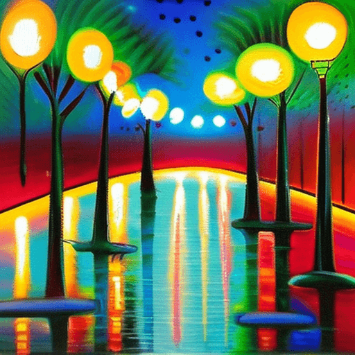 AI generated:   abstract, oil-on-canvas cityscape, skilfully capturing a couple's nocturnal stroll down a rain-soa...