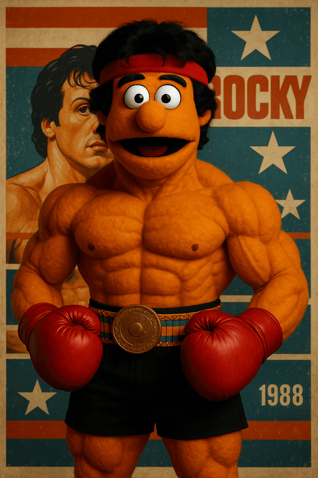 AI generated: A highly muscular Muppet-style puppet with orange felt skin and a surprised expression stands front-...