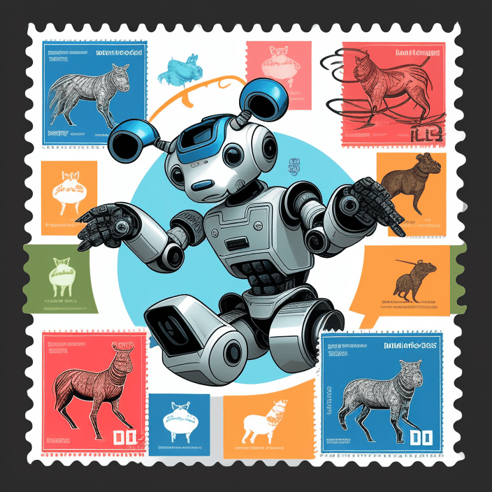 AI generated: brand new post stamps, A Posting, dynamic style, cars, robots, audio players, Highlighting the backg...
