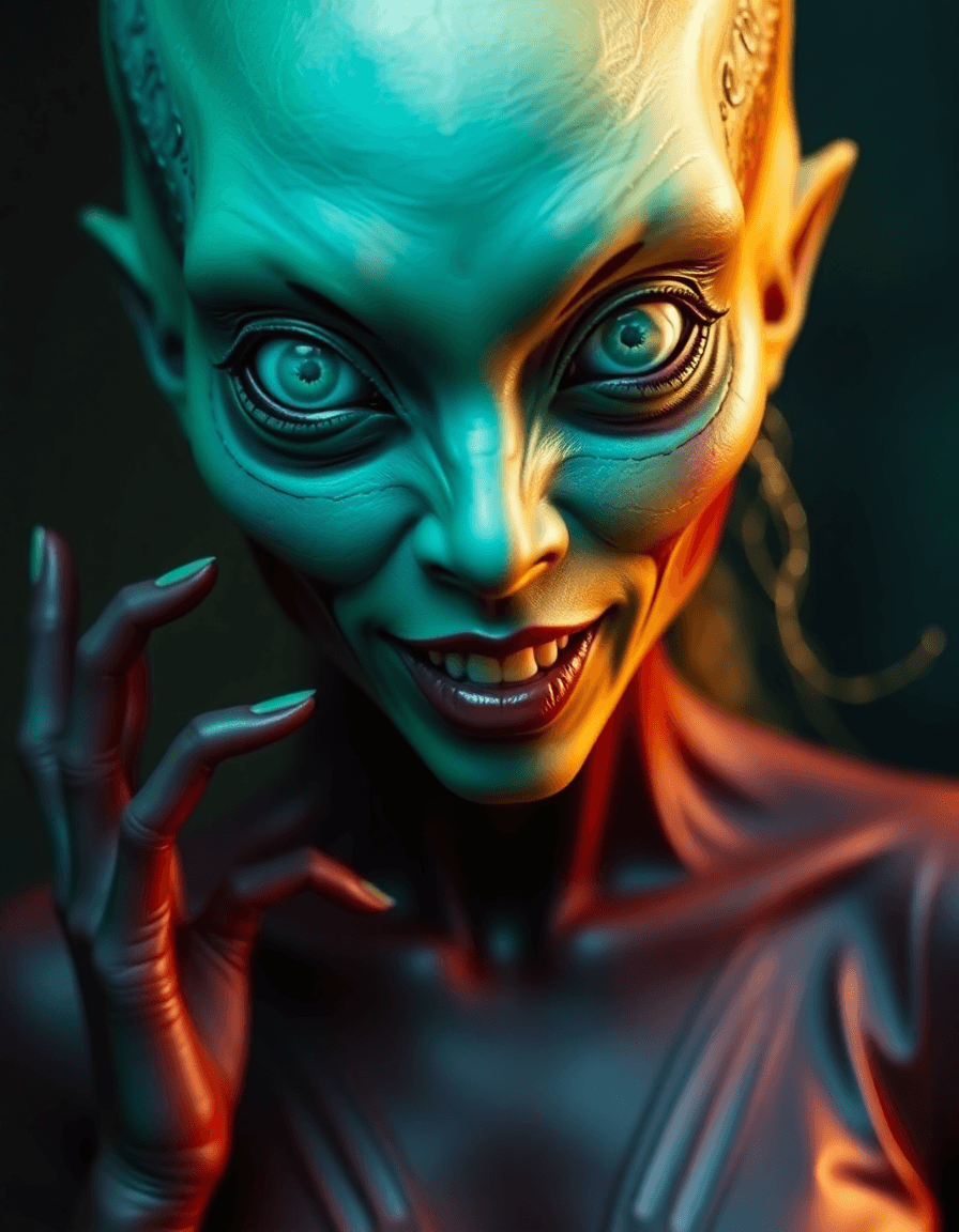 AI generated: An alien woman with green-dark red  skin, iridescent white eyes with skull-shaped irises, like pores...