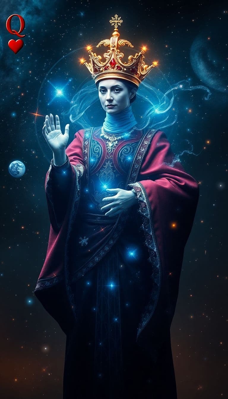 AI generated: Half body potrait shot, 12K, UHD, The Queen of Hearts card transforms into a 3D hologram that appear...