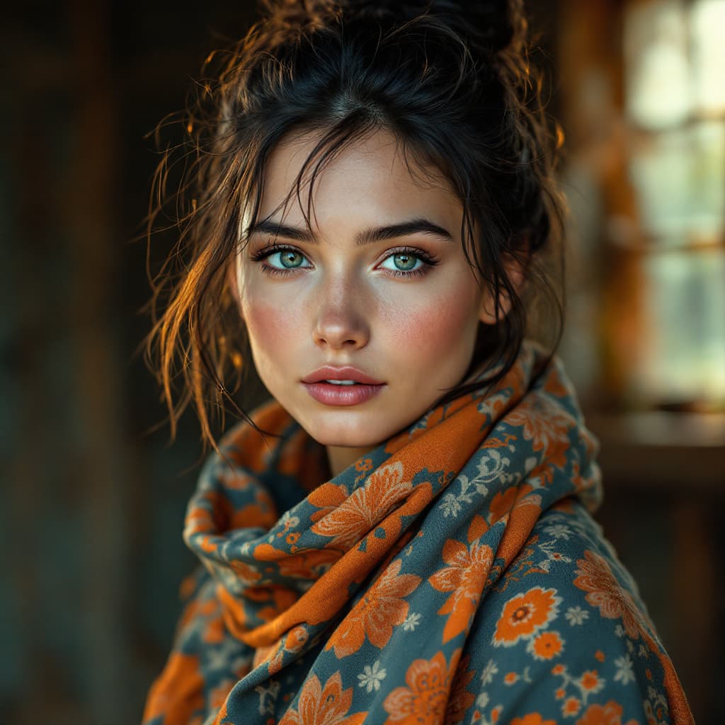 AI generated: A highly detailed portrait of a beautiful Siberian woman with an expression of introspection. She ha...