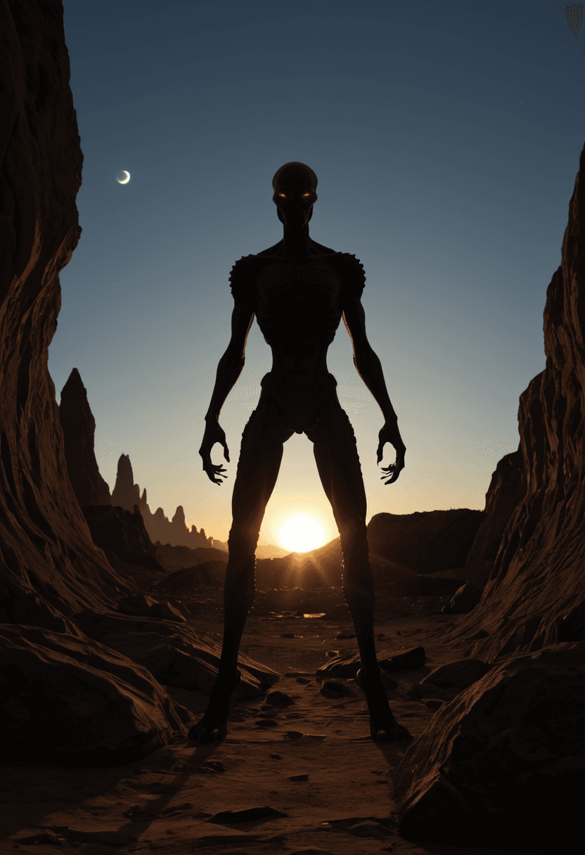 AI generated: Alien-themed A desolate alien planet with towering rock formations shaped like prehistoric creatures...