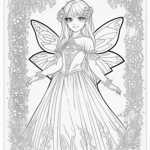 AI generated: Fairy coloring page, fairy, with beautiful eyes, sweet smile, walking in a garden with beautiful flo...