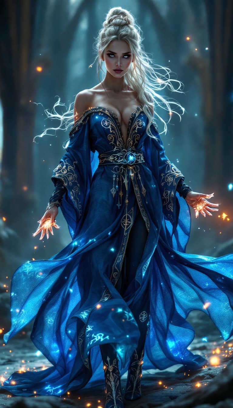 AI generated: A full body photo shot of an elegant and formidable image of a (rune weaver) wearing flowing, deep-b...