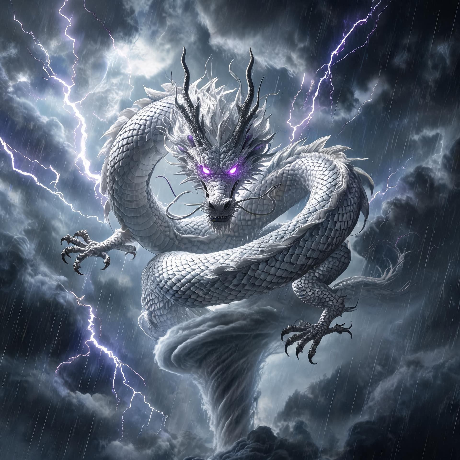 AI generated: a Japanese style dragon that controles storm like Lightning, Dark Clouds, Tornados, and trentals rai...