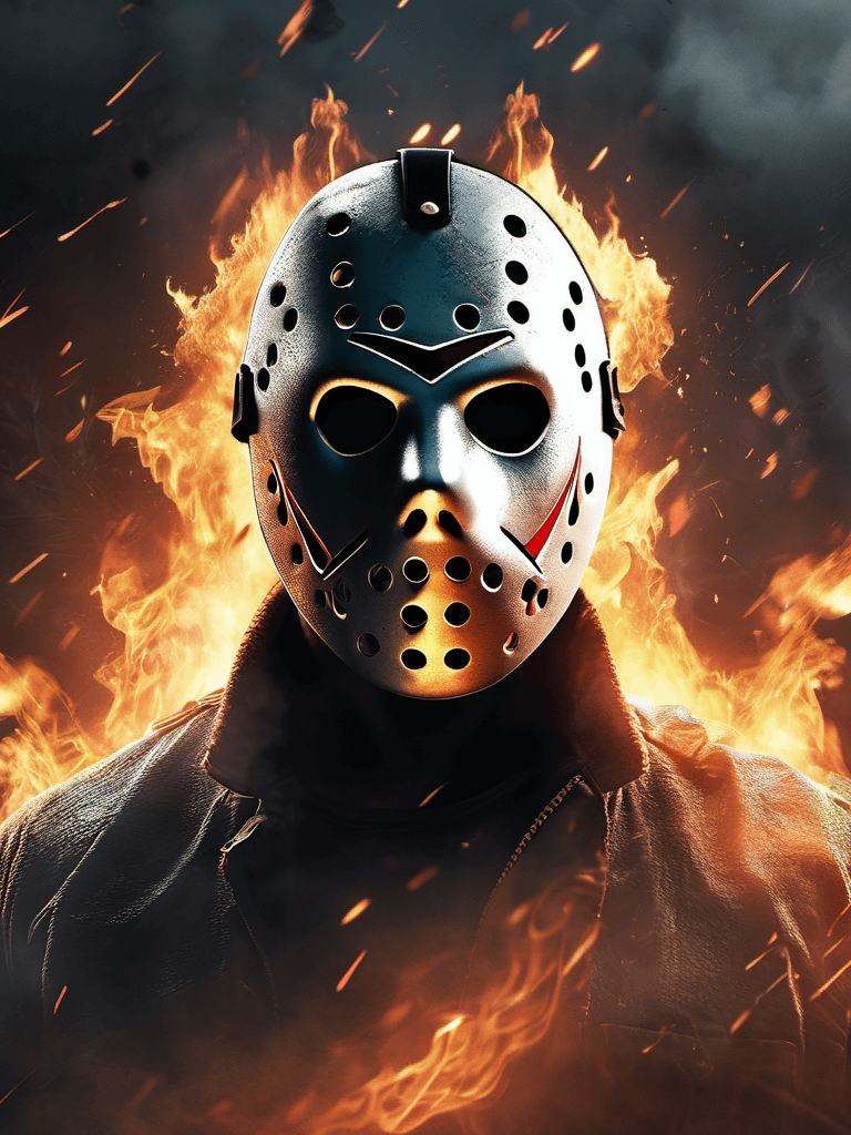 AI generated: a digital illustration of demonic Jason Voorhees, risen from the ashes, centered, epic scene, sparks...
