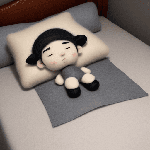 AI generated: a boy in wool felt, cartoon style, cant sleep, lying on the bed, patchwork quilt , dark room, on the...