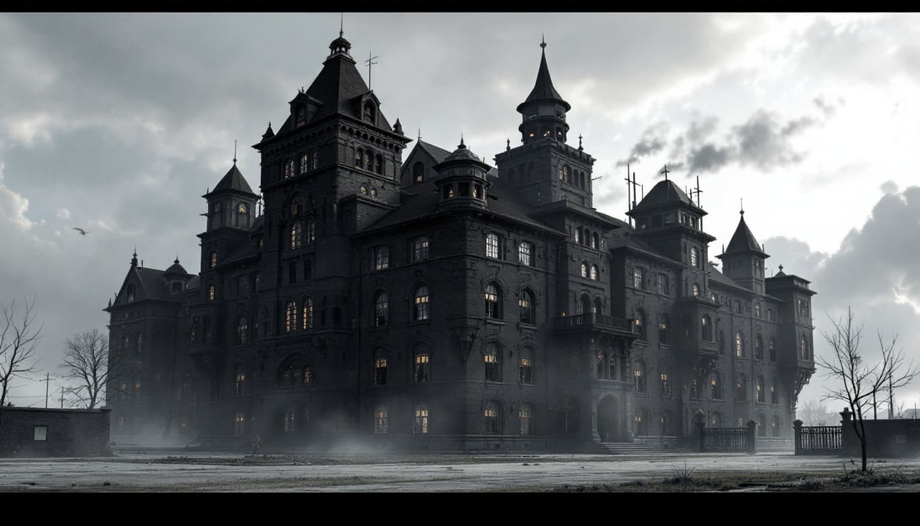 AI generated: (6-story:2.2) grand building, black exterior brick walls, prison atmosphere, bars on windows, depres...
