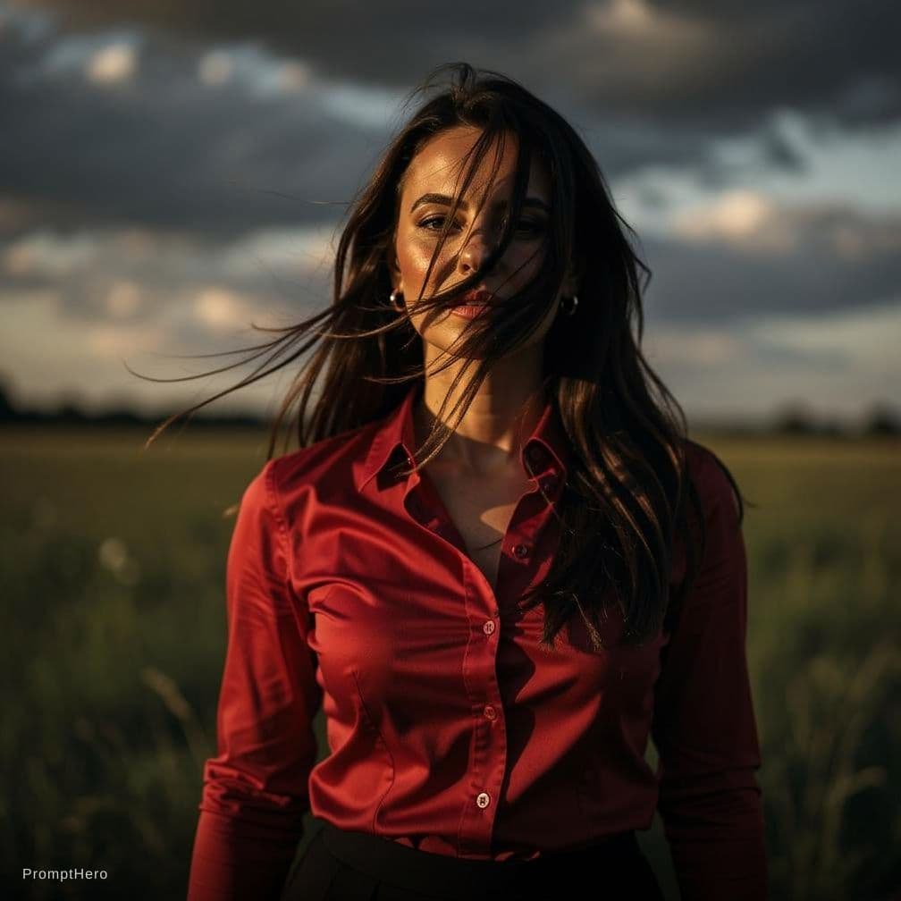 AI generated: cinematic image with dark shadows and high contrast, A fit 30yo woman stands in an open field under ...