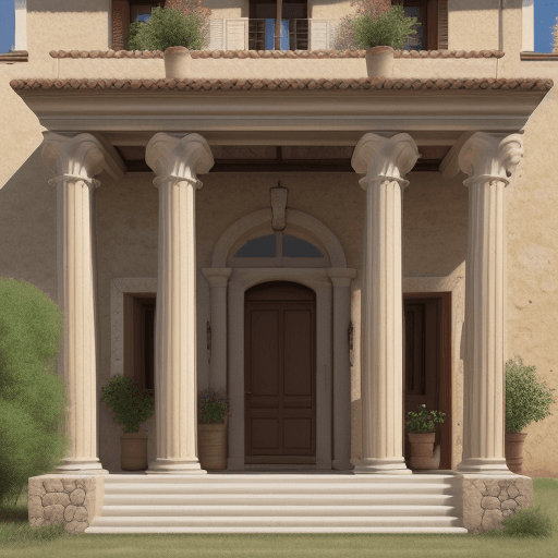 AI generated: Realistic photo. A countryside house house in a classic Catalan style. The main entrance is adorned ...