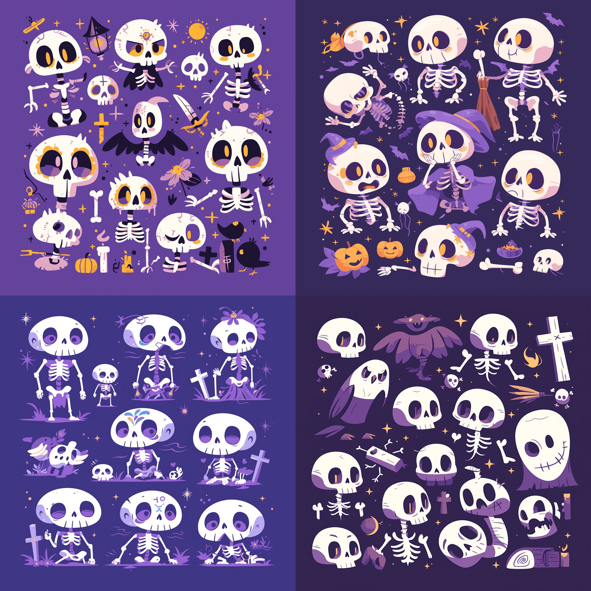 AI generated: Cute Halloween design elements, human full body skeletons, on a purple background, vector illustrati...
