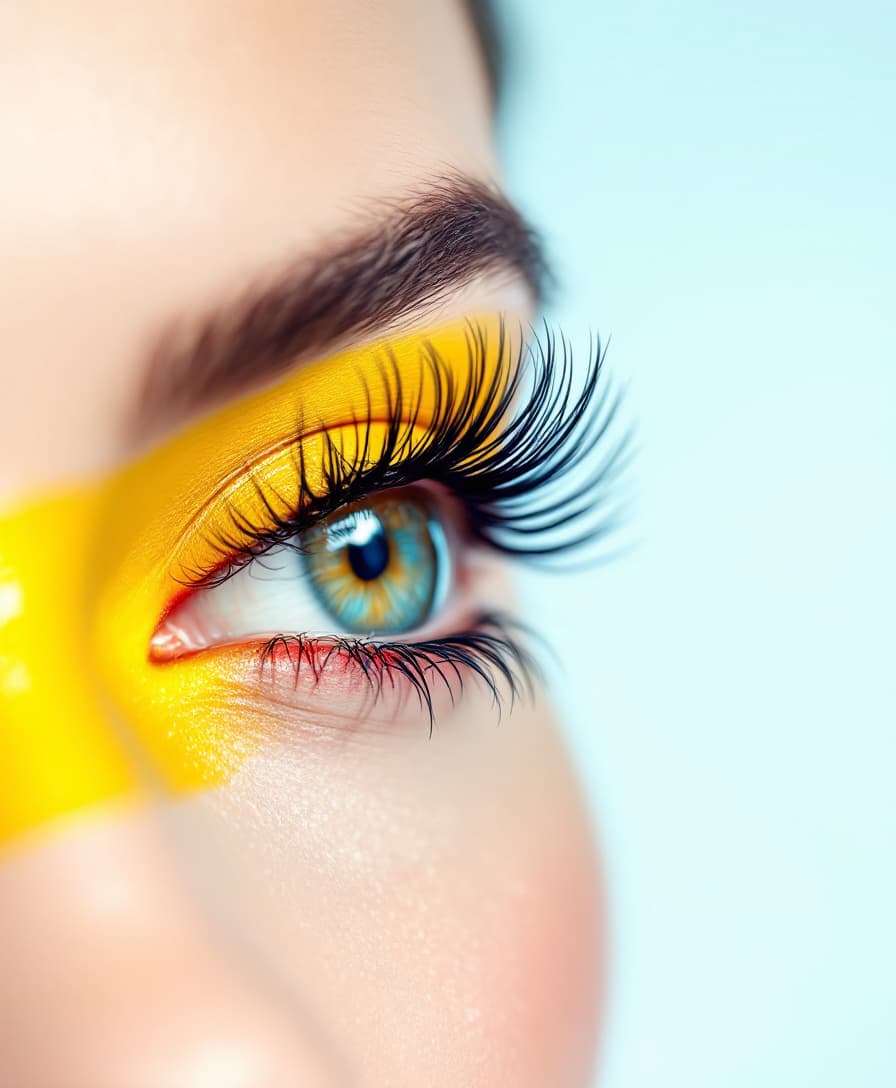 AI generated: A woman's eye is shown with the focus on her eyelashes, which appear to be lengthened with bright ye...