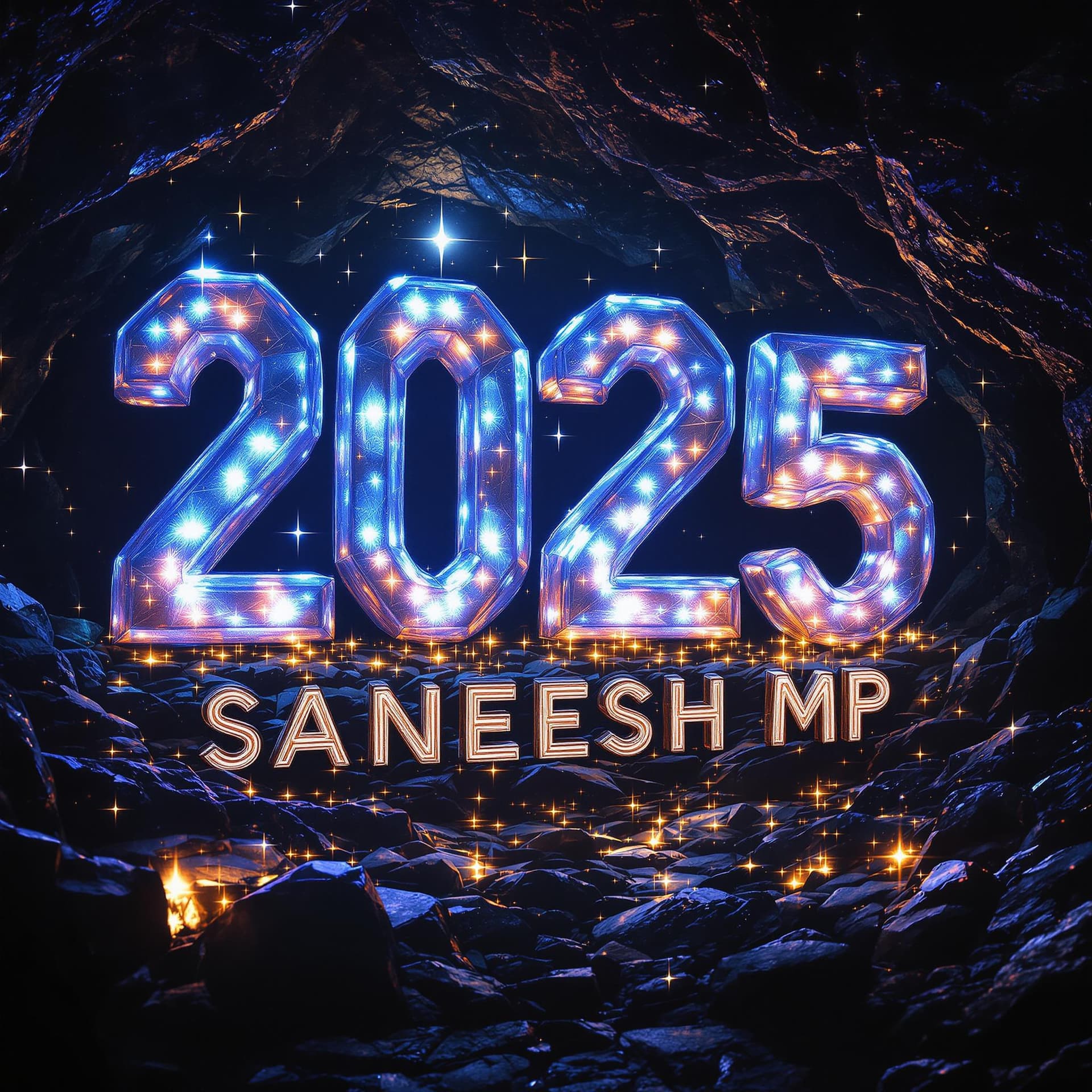 AI generated: A magnificent crystal cavern where giant, glowing crystals form the text '2025 SANEESH MP.' The cave...