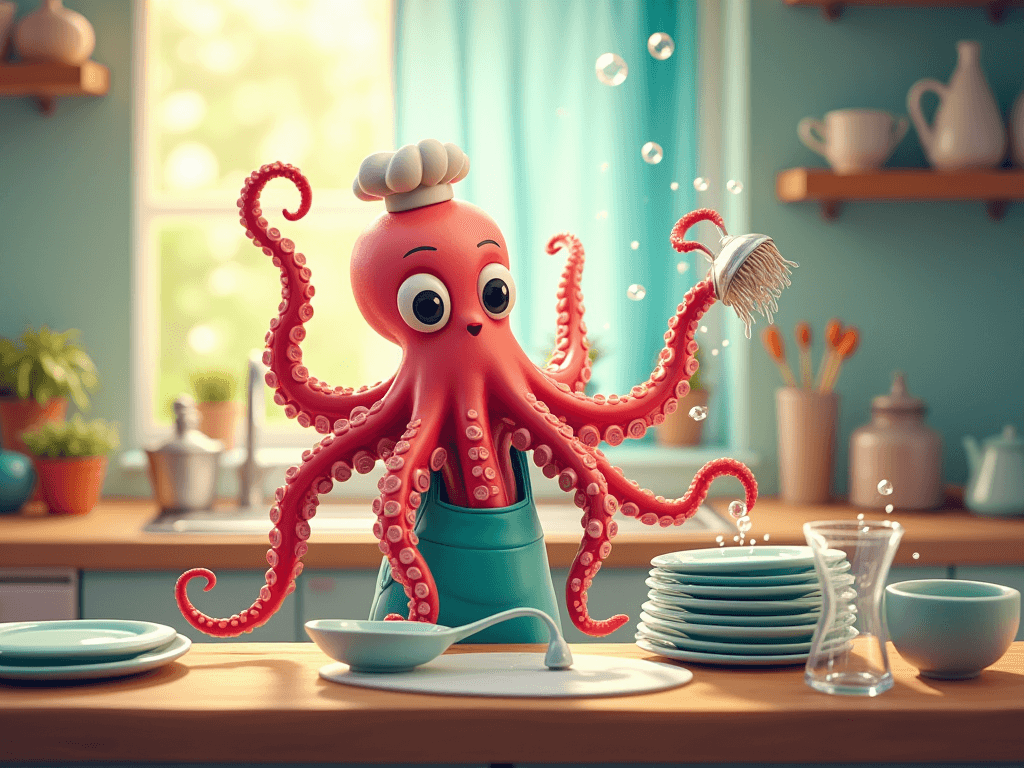 AI generated: A bright, colorful kitchen scene where a clever octopus is doing the dishes. The octopus, wearing a ...