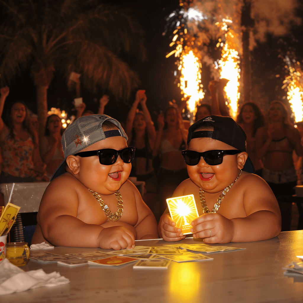 AI generated: TWO LITTLE FAT MEXICAN WHITE 4 YEAR OLD BABYBOYS WITH SUNGLASSES  SITTING ON THE TABLE, FULL OF JOY,...
