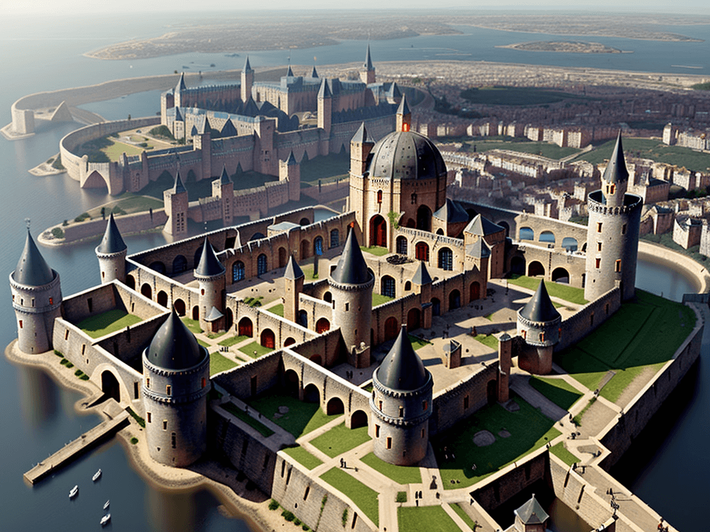 AI generated: medieval citadel mixed with futuristic buildings seen from above