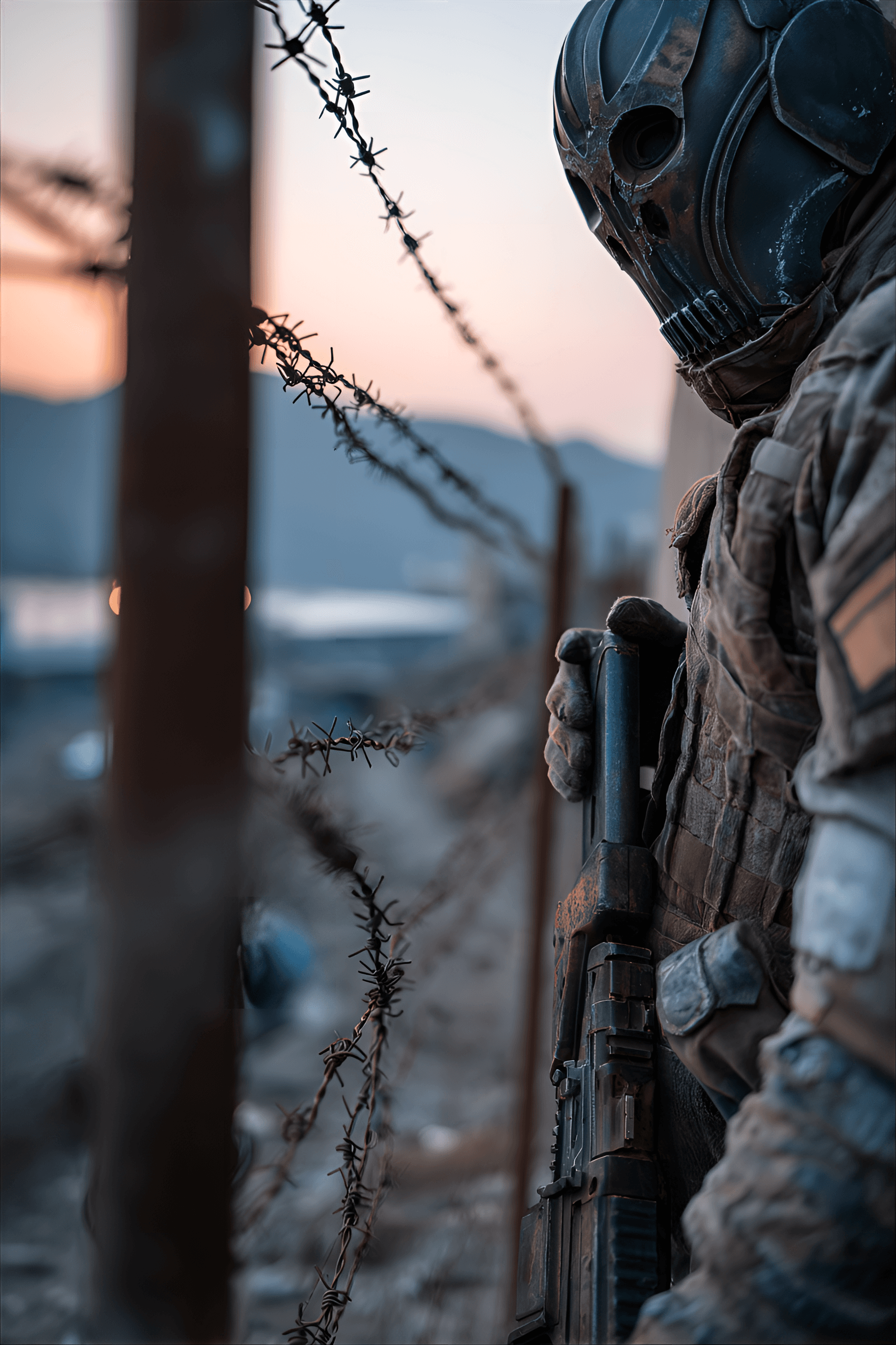 AI generated: dark sci-fi, militaristic gothic style, a lone soldier with an ornate helmet holding a rifle, minima...