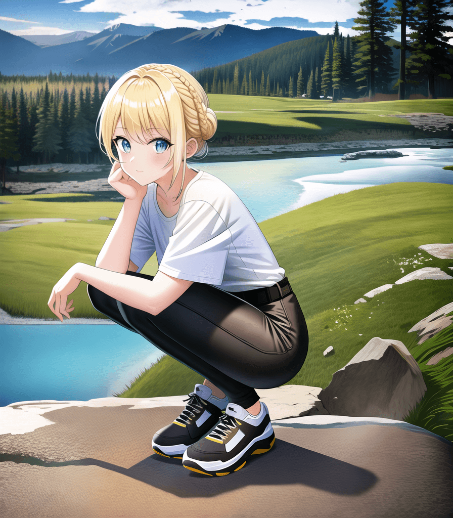 AI generated: (perfect anime illustration), 1girl, braided buns, medium hair, blonde hair, beautiful sky, national...