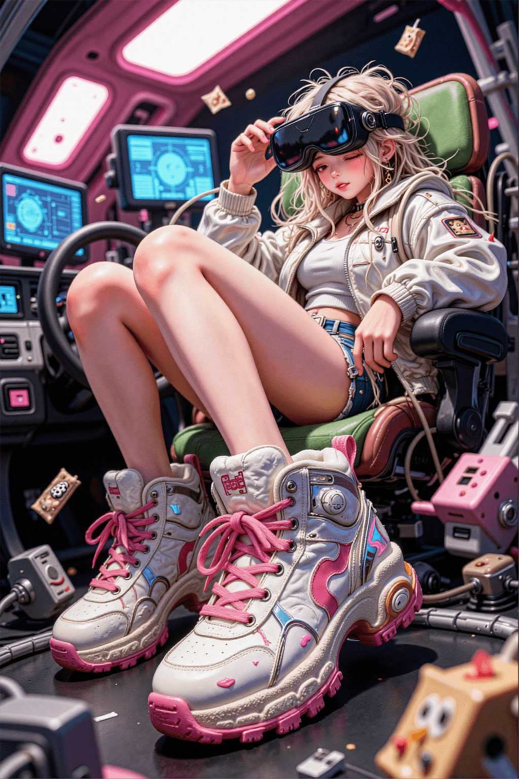 AI generated: A vertical wide-angle anime illustration of a futuristic girl reclining inside a cramped, circular s...