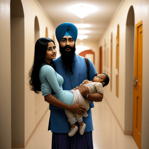 AI generated: a sikh couple in their 20s holding their first baby in their arms in the hallway of a Sikh temple 