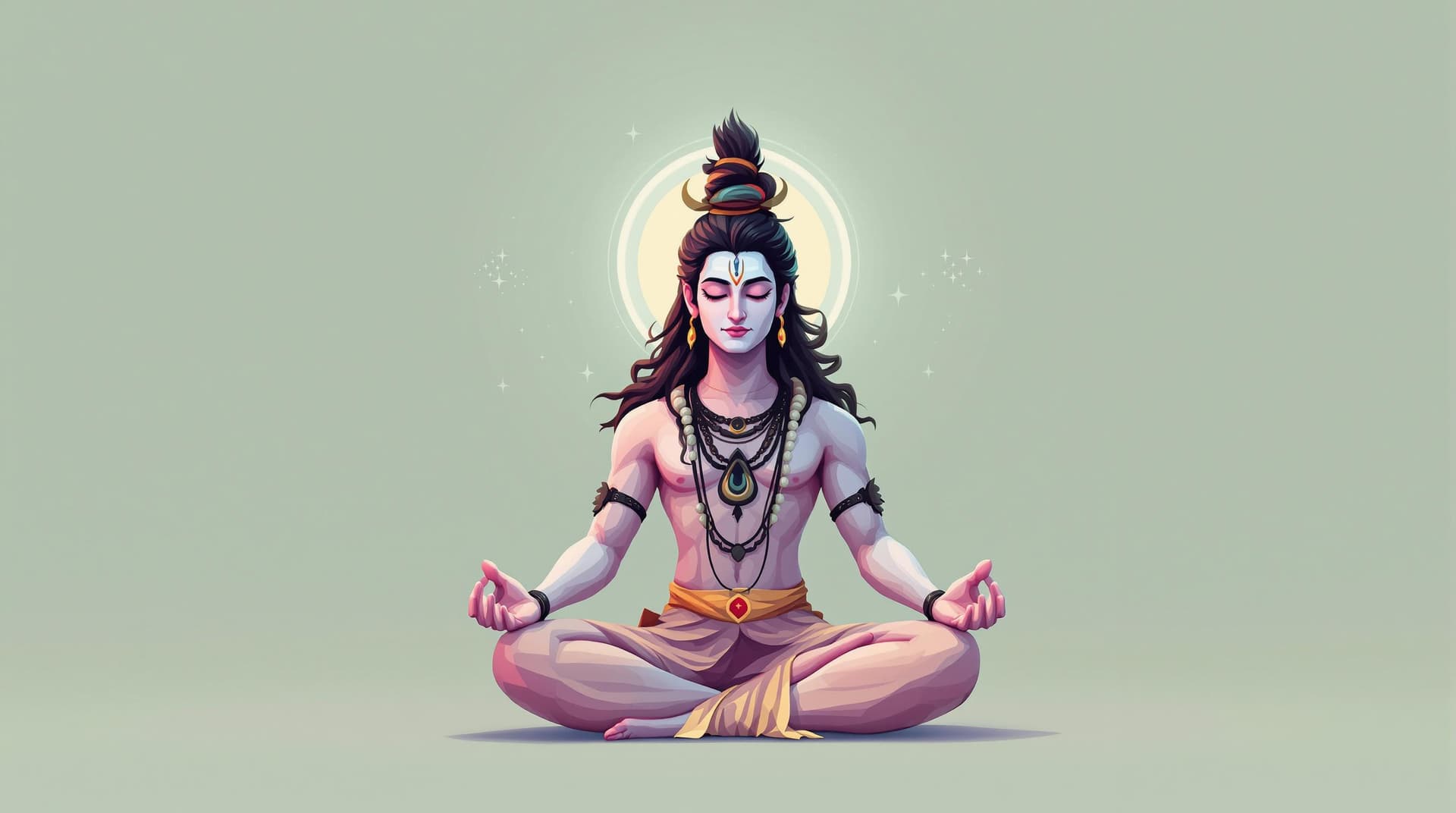 AI generated: "Design a minimalist, 2D game art style portrait of Lord Shiva in meditation. Use a restrained paste...