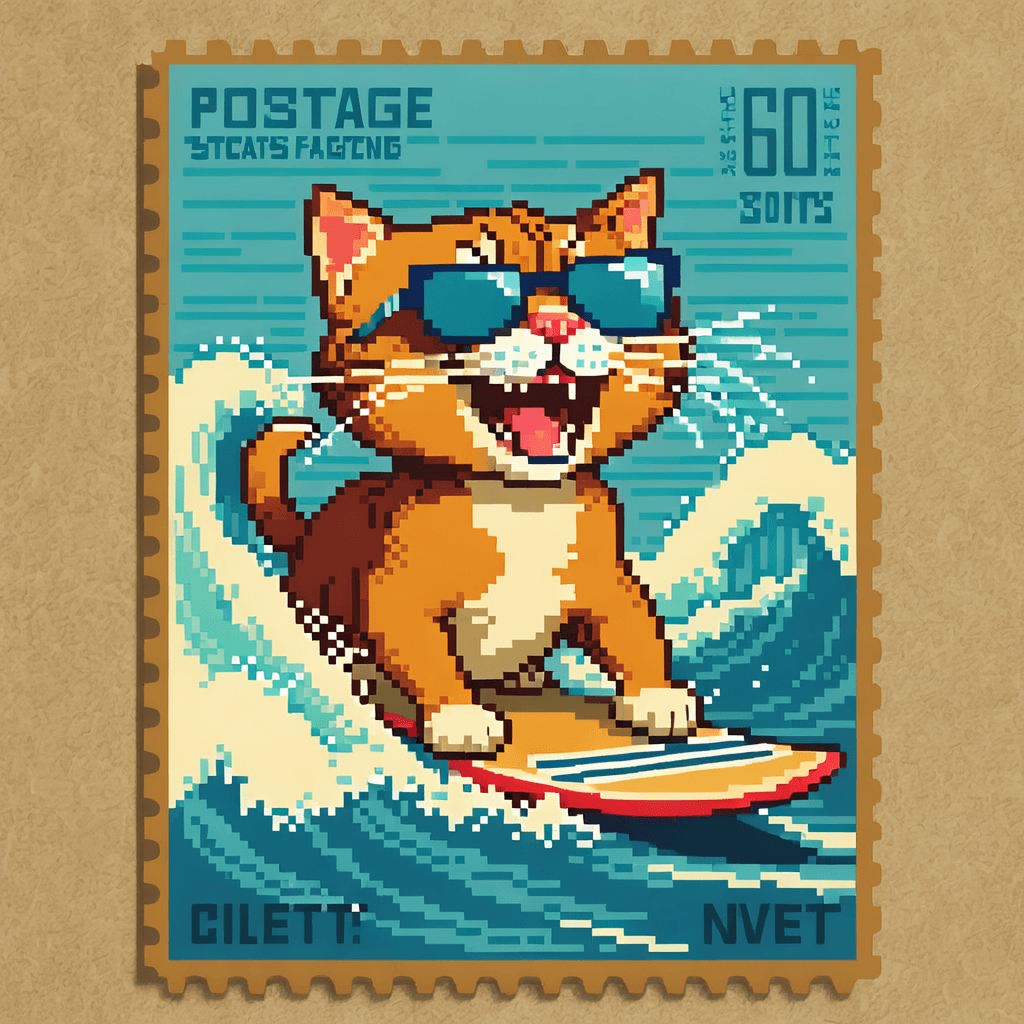 AI generated: cat surfing on a surfboard, high waves, cat wearing sunglasses, cat has mouth open (((facing viewer)...