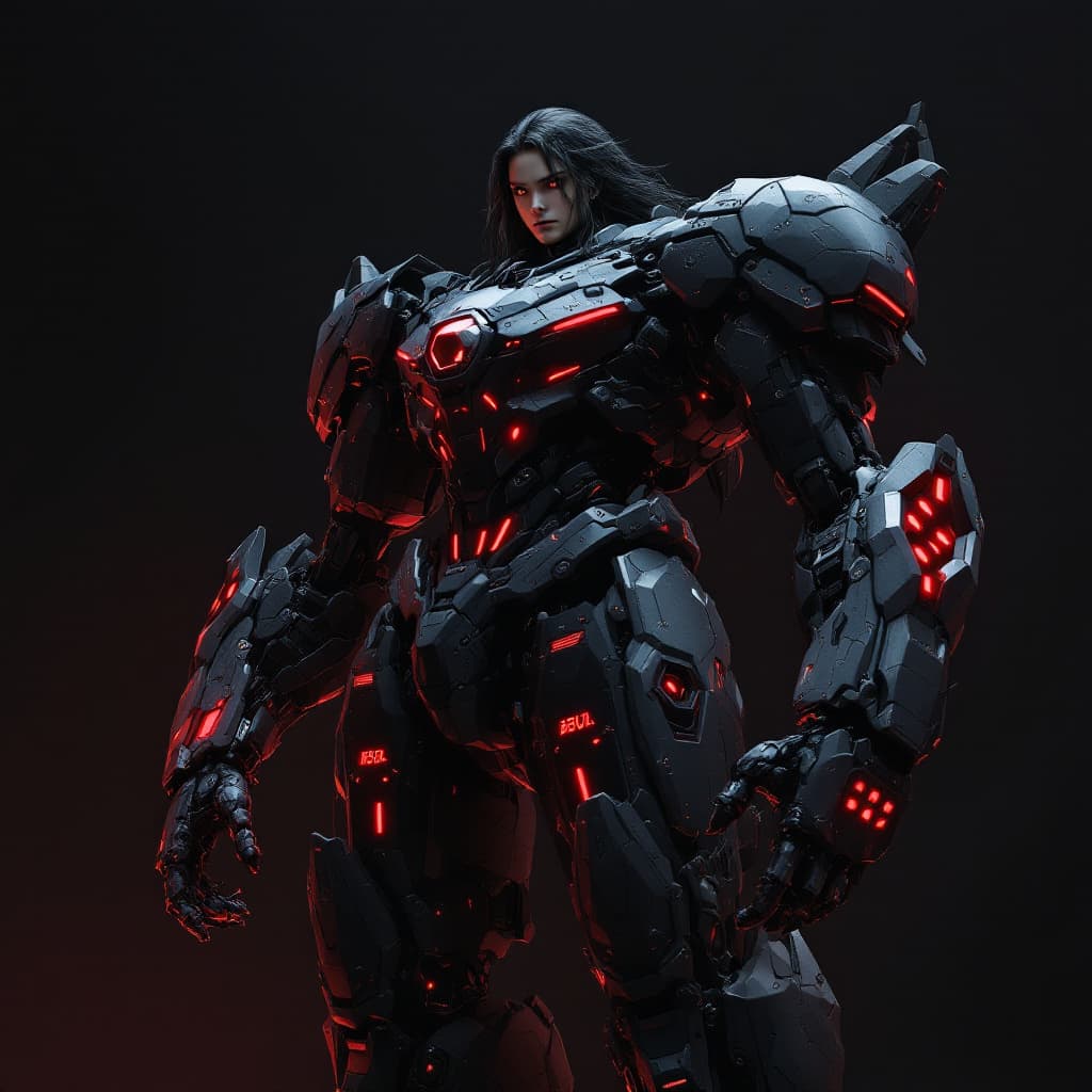 AI generated: Gigantic mecha boy, full body, against a dark background lit with red lights, beautiful detailed fac...