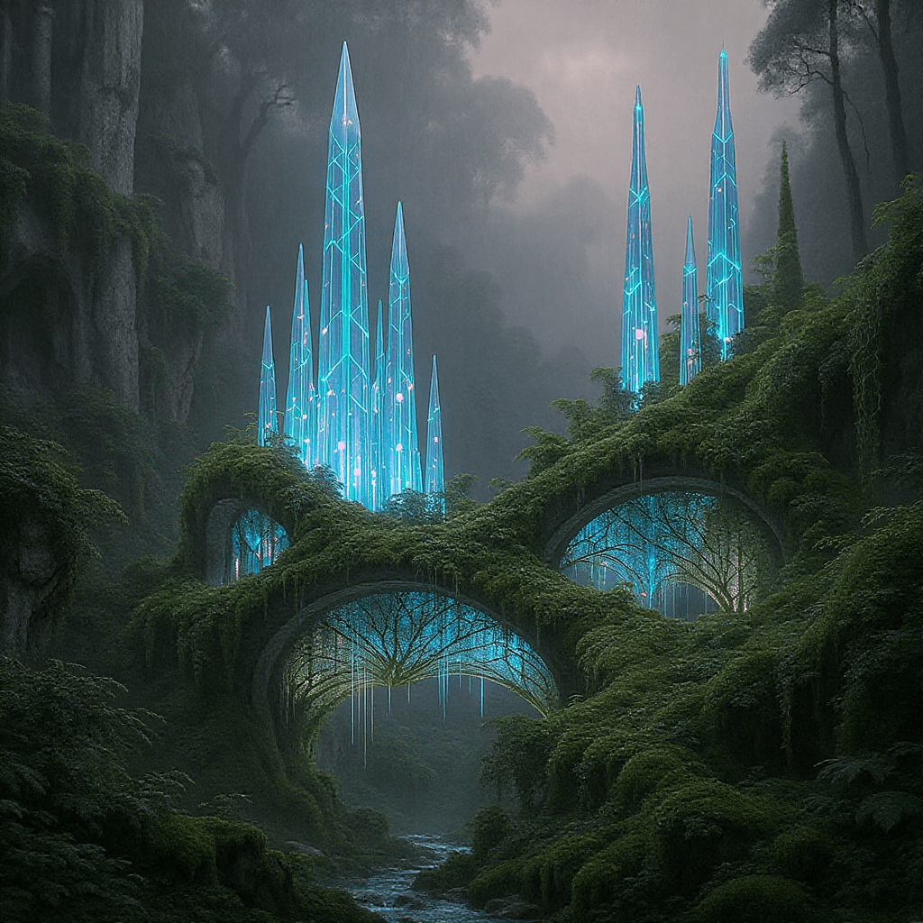 AI generated: A Techno-nature architecture features vibranium spires and bioluminescent elements with crystal spir...