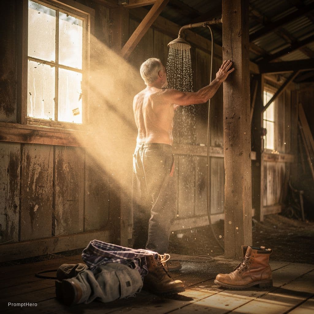 AI generated: photo realistic75 year old sweaty fat naked old man. uncircumcised gray hair. showers in old barn sh...