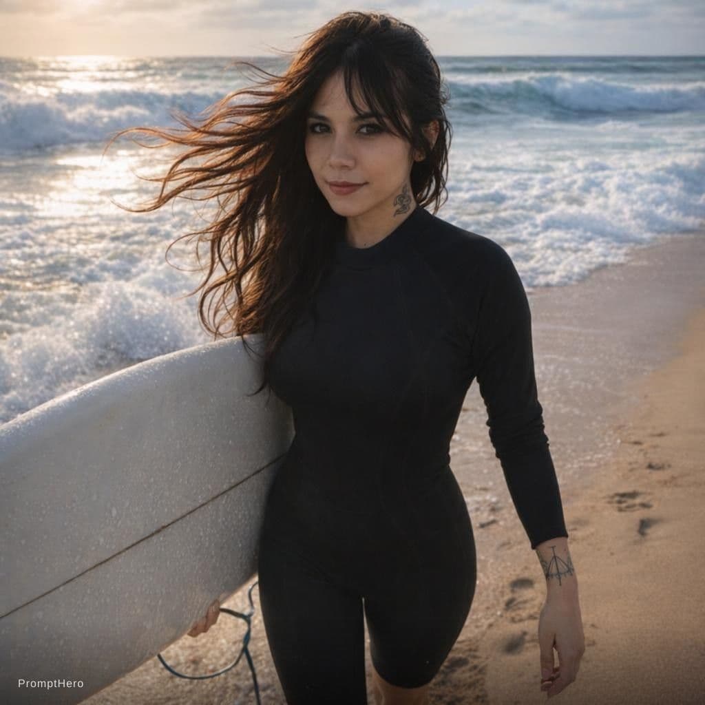 AI generated: woman walking up a beach carrying a surfboard under her arm, long wavy brunette hair blows in the wi...