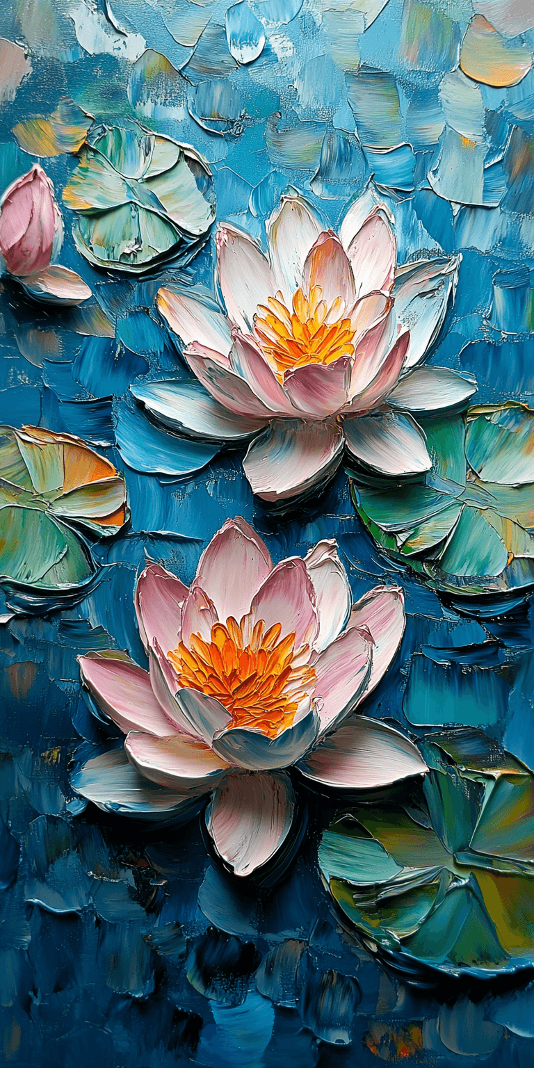 AI generated: A close-up of water lilies using the palette knife technique, in the style of Monet, impressionist, ...