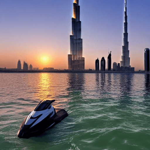 AI generated: boat, airplane, sunset, jetski, dubai, burjkhalifa,  