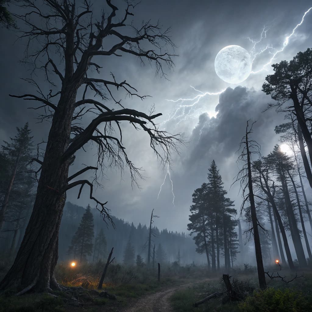 AI generated: wide long shot, moonlight beams down through struggling through a haunted woods, massive dead trees ...