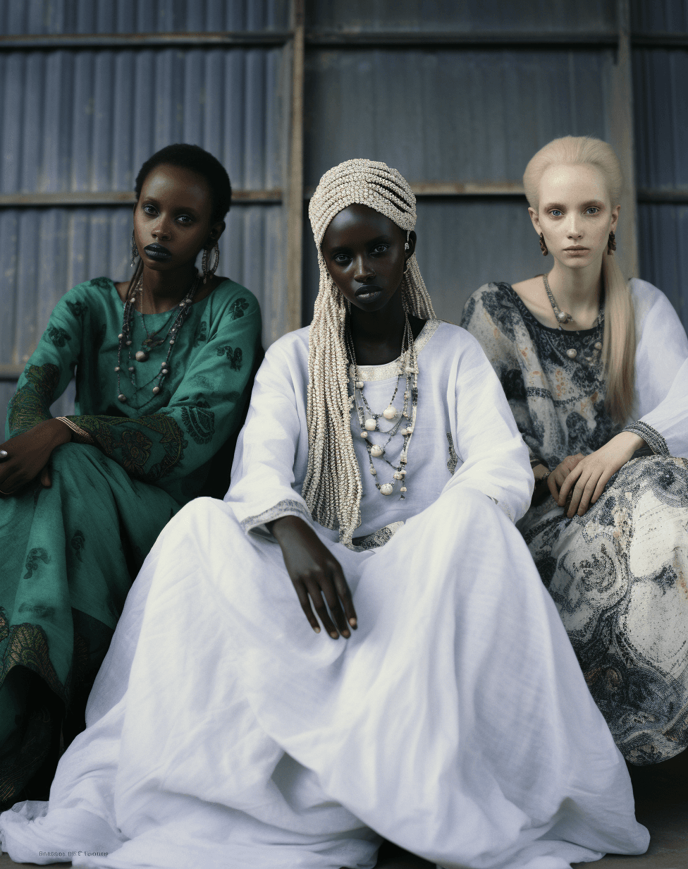AI generated: A fashion studio photo of an Ethiopian woman in white and black with green hair, sitting on the grou...