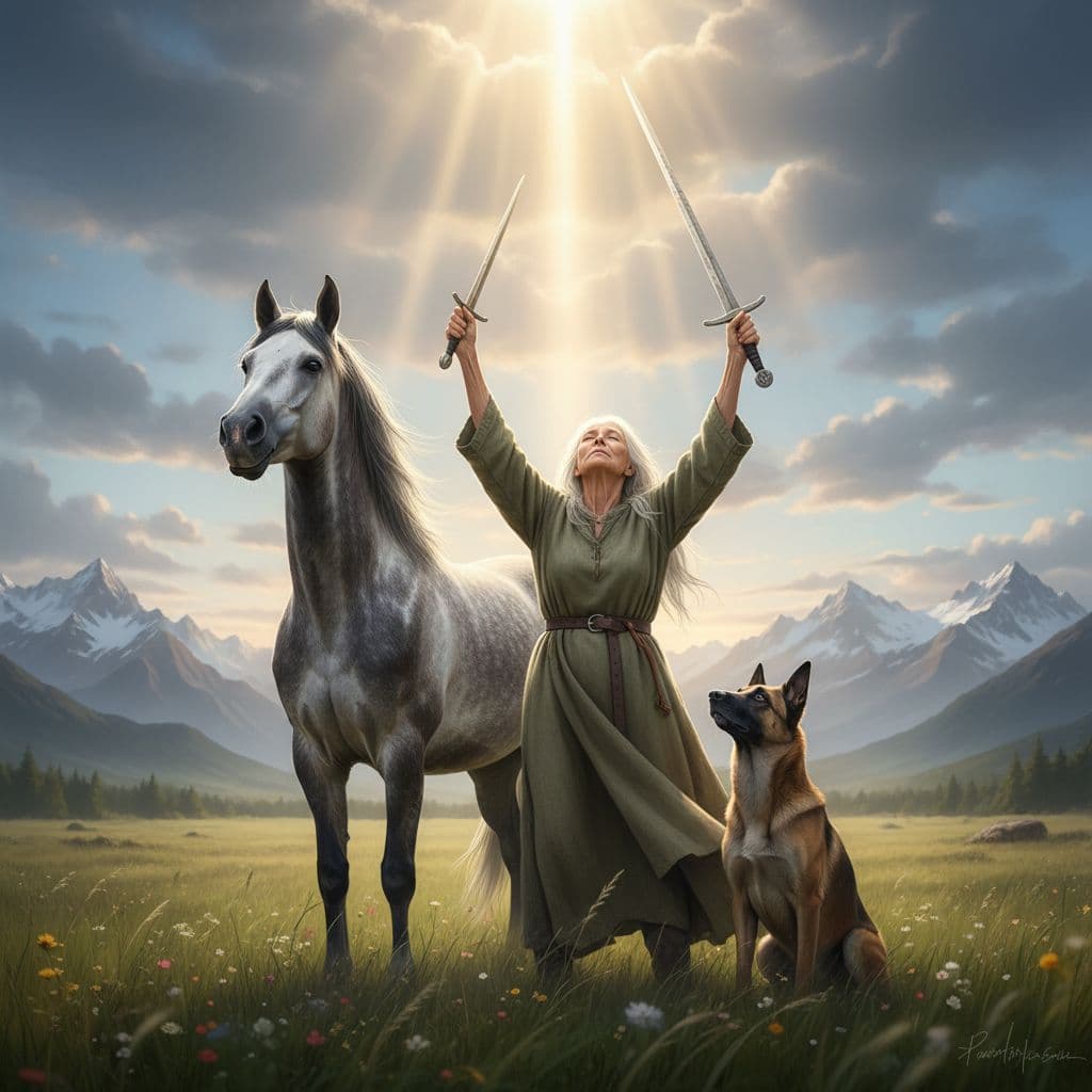 AI generated: old woman, standing, wearing belted tunic, sword raised, arms raised, looking up, eyes closed,  grey...